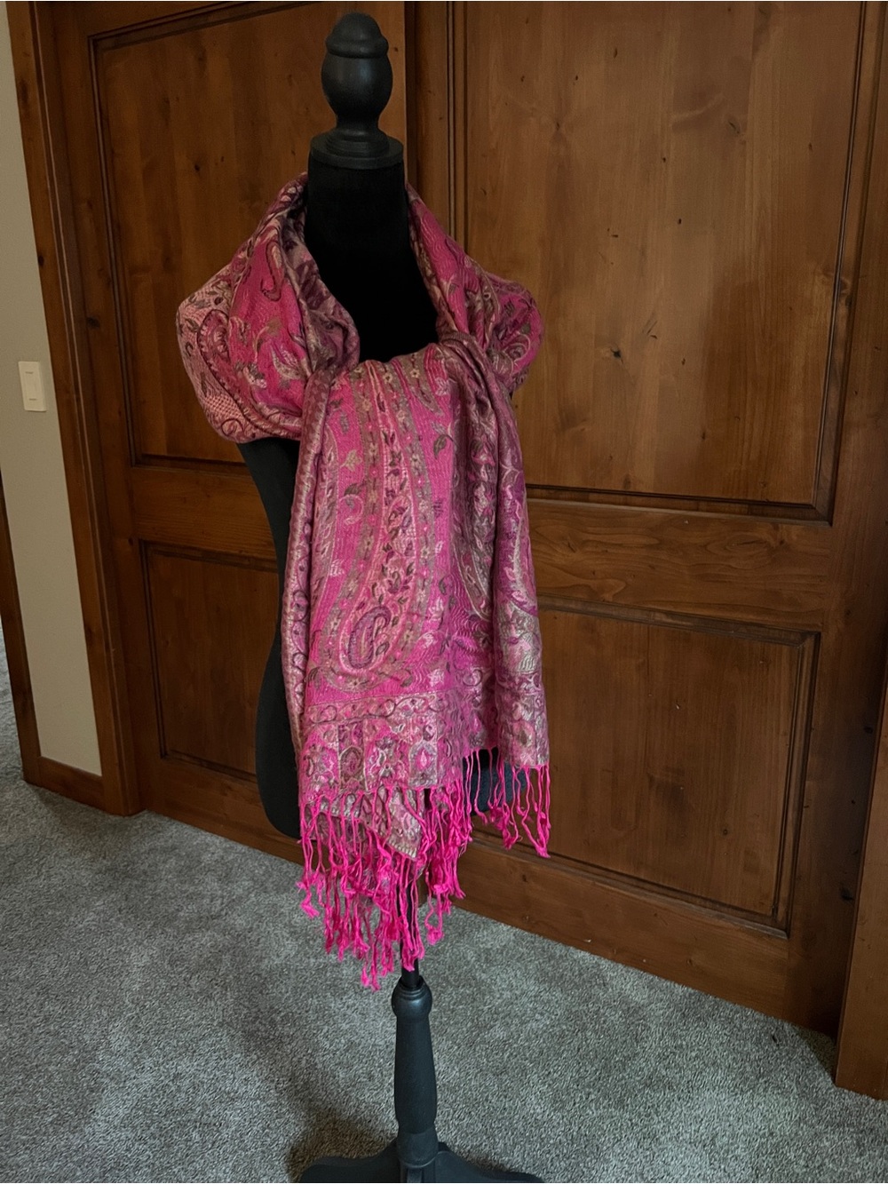 Turkish 100% Cashmere Pink Paisley Fringe Pashmina Scarf